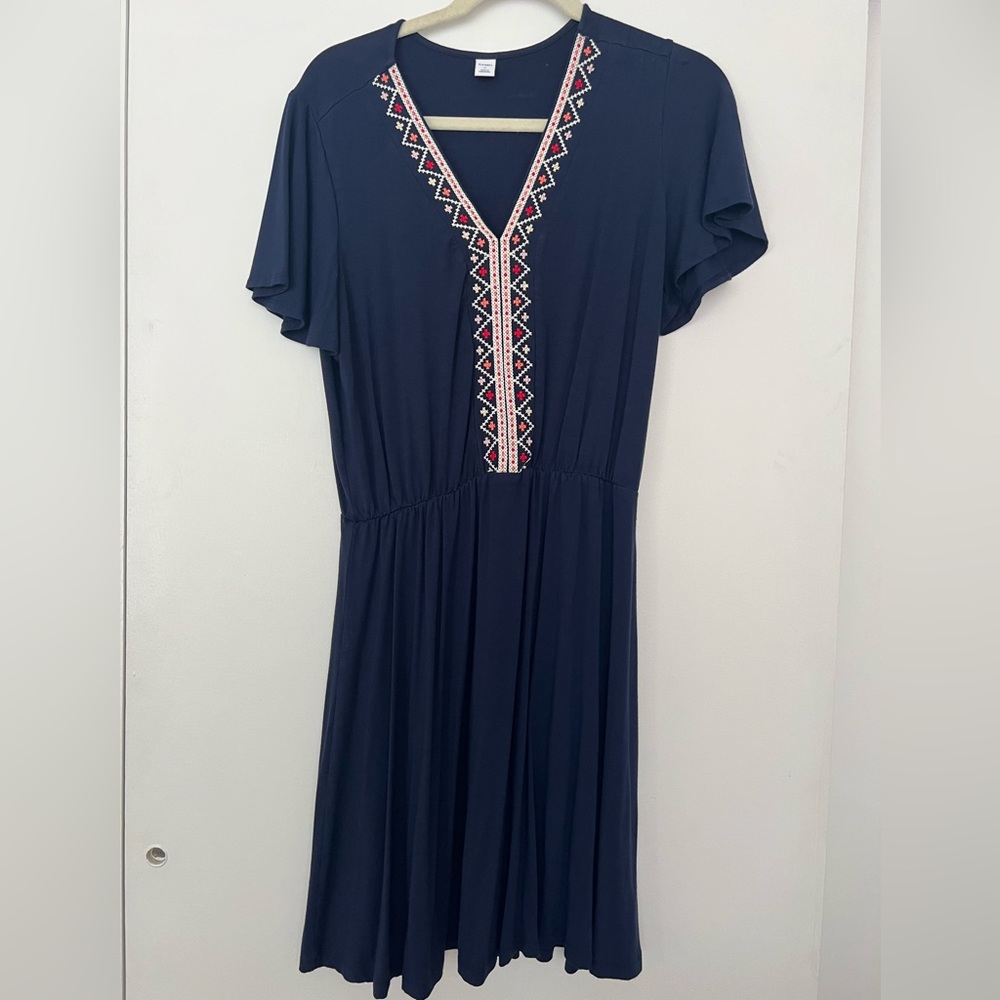 Comfy Blue V-Neck Dress w/ Stitch Pattern